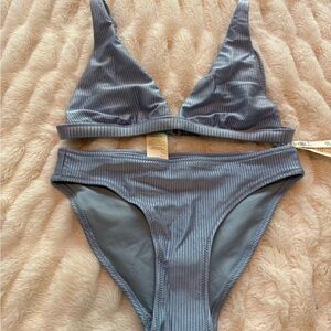 aerie NWT Ribbed Bikini Top and Straps in Dusty Blue-Grey